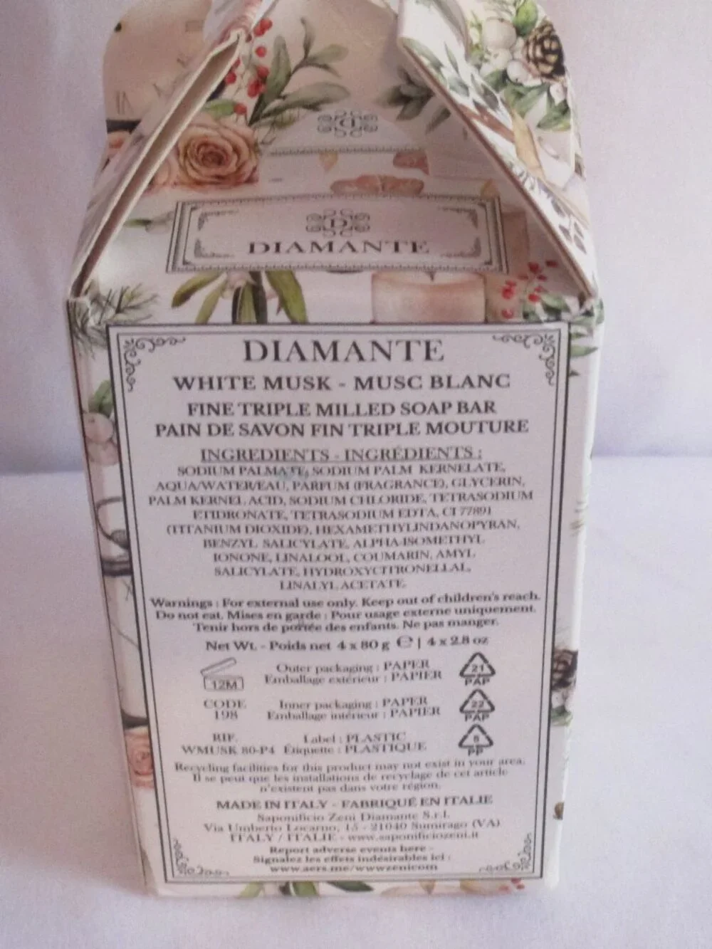 DIAMANTE WHITE MUSK Veg. Based Round Individually Wrapped Soaps 4x2.8 oz. Italy